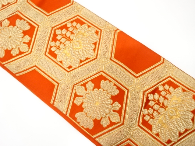 JAPANESE KIMONO / ANTIQUE FUKURO OBI / SILK / WOVEN KIKU & PAULOWNIA